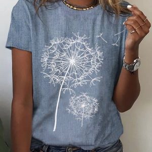 Dandelion Casual Crew Neck T-Shirt, T-Shirts, color:Blue|size:XXL, JustFashionNow