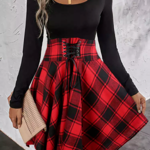 Women Christmas Casual Crew Neck Red Plaid Loose Midi Dress, Dresses, color:Red|size:XXL, JustFashionNow