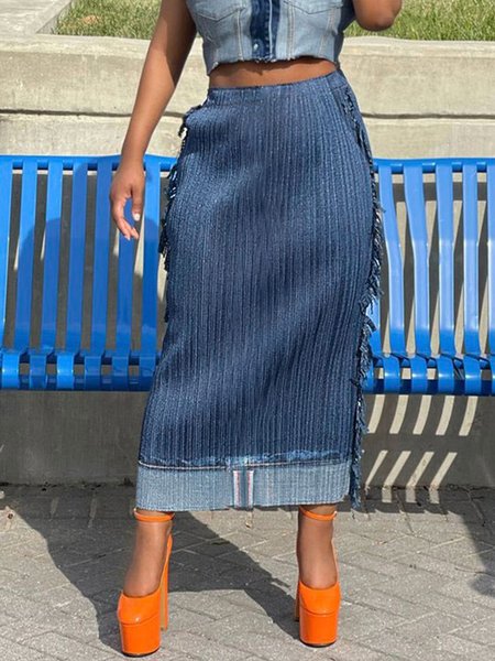 Daily Casual Denim Regular Fit Denim Skirt, Denim Skirts, color:Blue|size:XXL, Stylewe