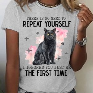 Women's Cotton There Is No Need To Repeat Yourself Funny Cat T-Shirt, color:Light Gray|size:3XL, Lilicloth.com