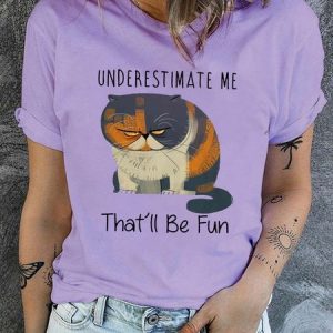 Women's Underestimate Me That’ll Be Fun Grumpy Cat Casual Letters T-Shirt, color:Purple|size:3XL, Lilicloth.com