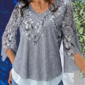 Floral Elegant Loose V Neck Shirt, Shirts & Blouses, color:lavender|size:XXL, JustFashionNow