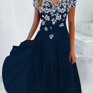 Regular Fit Floral Elegant V Neck Dress, Dresses, color:Dark Blue|size:XXL, JustFashionNow