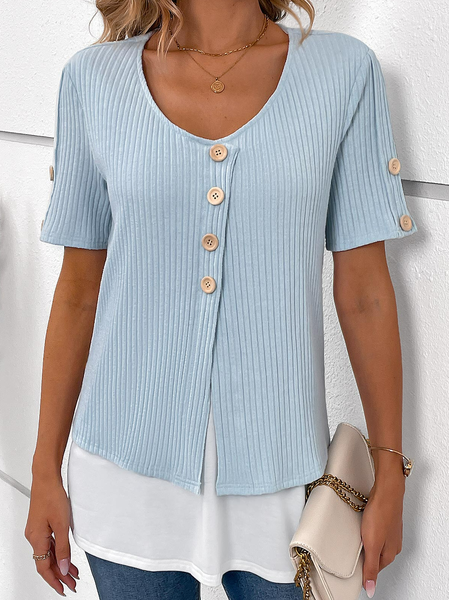 Plain Casual Loose Crew Neck T-Shirt, T-Shirts, color:Blue|size:XXL, JustFashionNow