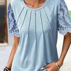 Plain Casual Patchwork lace Shirt, Shirts & Blouses, color:Blue|size:XS, JustFashionNow