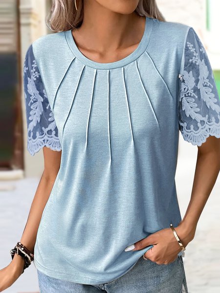 Plain Casual Patchwork lace Shirt, Shirts & Blouses, color:Blue|size:XS, JustFashionNow