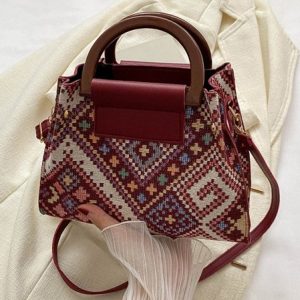 Urban Casual Ethnic Pattern Canvas Leather Stitching Messenger Bag Vacation Women's Clutch Bag, Women's Bags, color:Red|size:One-size, JustFashionNow