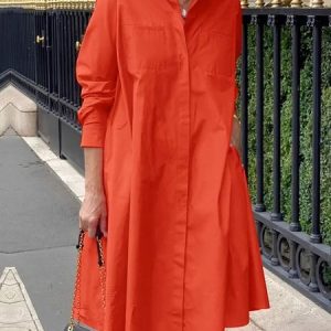 Simple Plain Loose Pockets  Shirt Dress, Midi Dresses, color:Orange Red|size:XS, Stylewe