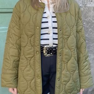 Crew Neck Long Sleeve Geometric Regular Loose Parker Padded Jacket For Women 2023, Coats, color:Green|size:L, Noracora