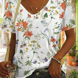 Casual V Neck Floral Loose T-Shirt, T-shirts, color:White|size:XXL, catalog Noracora shop
