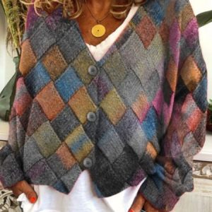 Plus Size Casual Plaid Knit Cardigan, TOPS, color:Multicolor|size:4X, Noracora