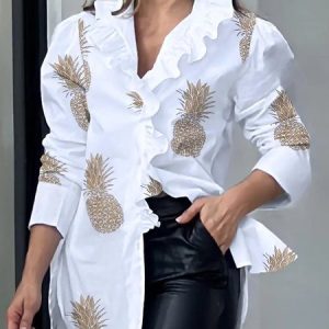 Lotus Leaf Collar Urban Regular Fit Blouse, Blouses and Shirts, color:White|size:XXL, Stylewe