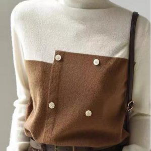 Color Block Buttoned Regular Fit Casual Sweater, Sweaters, color:Brown|size:XXL, JustFashionNow