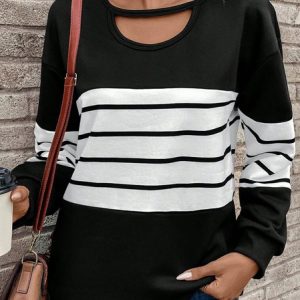 Casual Striped Sweatshirt, Hoodies & Sweatshirts, color:Black|size:XXL, Noracora