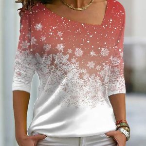 Casual Christmas Asymmetrical Long Sleeve T-shirt, T-shirts, color:Red|size:5XL, Noracora