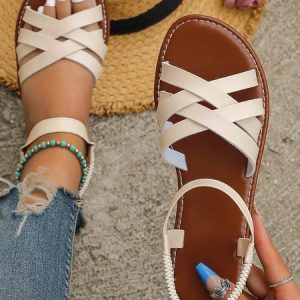 Vintage Braided Plain Slip On Beach Sandals, Sandals, color:Beige|size:43, JustFashionNow
