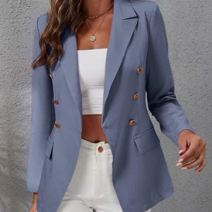 Lapel Collar Long Sleeve Plain Buttons Pocket Stitching Regular Micro-Elasticity Regular Fit Blazer For Women, Blazers, color:Gray|size:XXL, Noracora