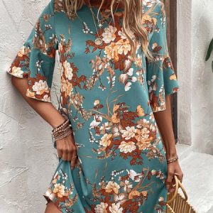 Ruffled Sleeves Floral Elegant Crew Neck Printing Dress, Dresses, color:Green|size:XL, JustFashionNow