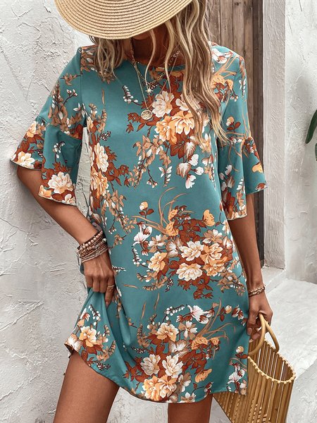 Ruffled Sleeves Floral Elegant Crew Neck Printing Dress, Dresses, color:Green|size:XL, JustFashionNow