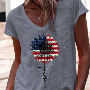 Women's American Flag Faith Casual V Neck T-Shirt, color:Gray|size:3XL, Lilicloth.com