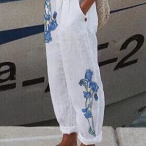 JFN Floral Pocketed Casual Pants White, Pants, color:White|size:XXL, JustFashionNow