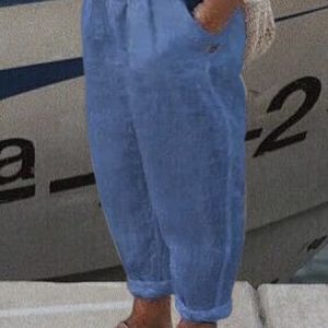 Plus Size Plain Casual Loose Cotton Pants, Pants, color:Blue|size:4X, JustFashionNow