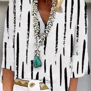 Casual Striped V Neck Loose Shirt, Shirts, color:White|size:XXL, catalog Noracora shop