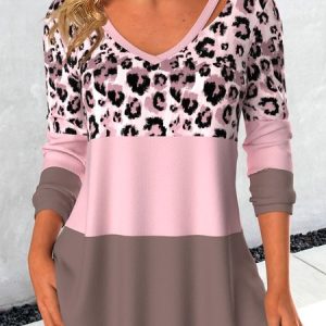 V Neck Long Sleeve Leopard Regular Micro-Elasticity Loose Shirt For Women, Shirts, color:Pink|size:XXL, Noracora