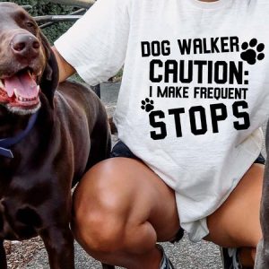 Lilicloth X Funnpaw Women's Dog Walker Caution I Make Frequent Stops Crew Neck T-Shirt, color:White|size:L, Lilicloth.com