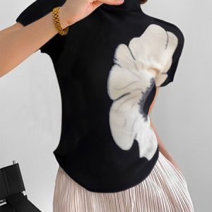 Tight Floral Short Sleeve Elegant T-Shirt, Tees, color:Black|size:XS, Stylewe