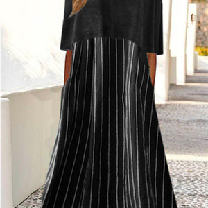 Striped Loose Cotton-Blend Dress, Sets, color:Black|size:XXL, Noracora