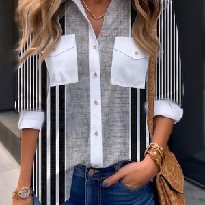 Striped Shirt Collar Loose Casual Blouse, Shirts & Blouses, color:Black|size:XXL, JustFashionNow