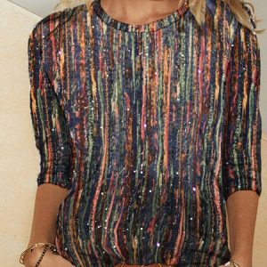 JFN Women Crew Neck Abstract Geometric Striped Long Sleeve Top, T-Shirts, color:Multicolor|size:3XL, JustFashionNow
