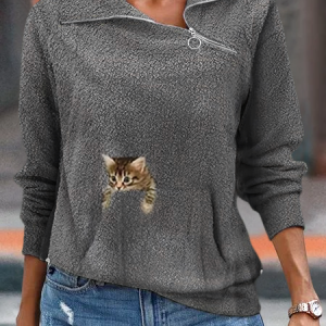 Scratching Cute Cat Warm Loose Sweater, Sweatshirts & Hoodies, color:Gray|size:XXL, JustFashionNow