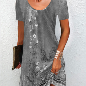 Crew Neck Loose Floral Casual Dress, Floral Dresses, color:Gray|size:XS, JustFashionNow