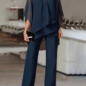 Chiffon Plain Elegant Crew Neck Loose Urban Two-Piece Set, Suit Set, color:Navyblue|size:XXL, JustFashionNow