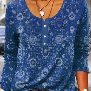 Vintage Printed Long Sleeve Loose T-Shirt, T-shirts, color:Blue|size:3XL, catalog Noracora shop