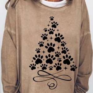 Women's Christmas Tree With Paws Crew Neck Casual Sweatshirt, color:Light Brown|size:3XL, Lilicloth.com