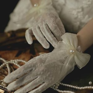 White Elegant Embroidered Mesh Pearl Bow Wedding Party Date Prom Gloves, Gloves, color:White|size:One-size, Stylewe