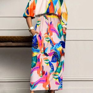 Vacation Abstract Regular Fit Cold Shoulder Dress, Maxi Dresses, color:As Picture|size:XXL, Stylewe