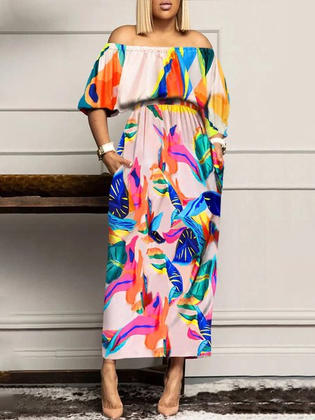 Vacation Abstract Regular Fit Cold Shoulder Dress, Maxi Dresses, color:As Picture|size:XXL, Stylewe