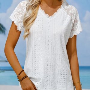 Vacation Geometric Contrast Lace Raglan Sleeve Eyelet Embroidery T-Shirt, T-Shirts, color:Light Pink|size:XXL, JustFashionNow