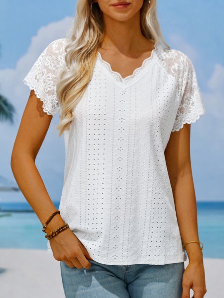 Vacation Geometric Contrast Lace Raglan Sleeve Eyelet Embroidery T-Shirt, T-Shirts, color:Light Pink|size:XXL, JustFashionNow