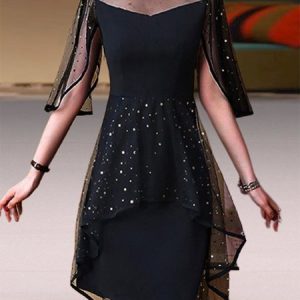 Women Plain Crew Neck Half Sleeve Comfy Casual Mesh Short Dress, Short, color:Black|size:3XL, Noracora