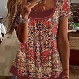 Ethnic Crew Neck Casual Knitted Shirt, Shirts & Blouses, color:Red|size:XXL, JustFashionNow