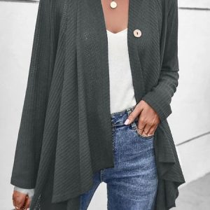 Casual Plain Loose Stitched Button Texture Long Sleeve Cardigan, Cardigans, color:Deep Gray|size:XXL, Noracora