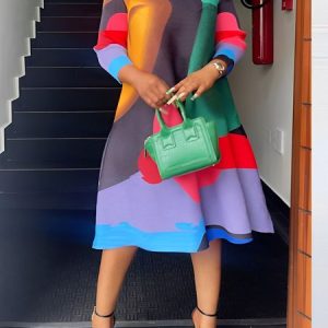 Elegant Color Block Geometric Crew Neck Loose Dress, Midi Dresses, color:Multicolor|size:XXL, Stylewe