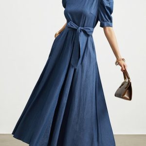 Vacation  Plain Crew Neck Faux Denim Dress With Belt, Maxi Dresses, color:Blue|size:XXL, Stylewe