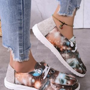 Cosmic Planet Canvas Patch Lace-Up Flats Boat Shoes, Flats, color:Brown|size:43, JustFashionNow