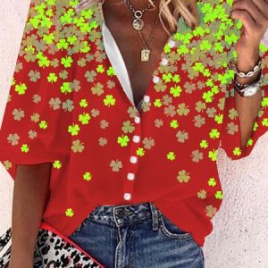 Casual Four-Leaf Clover Printed Loose Blouse, Shirts & Blouses, color:Red|size:XXL, JustFashionNow